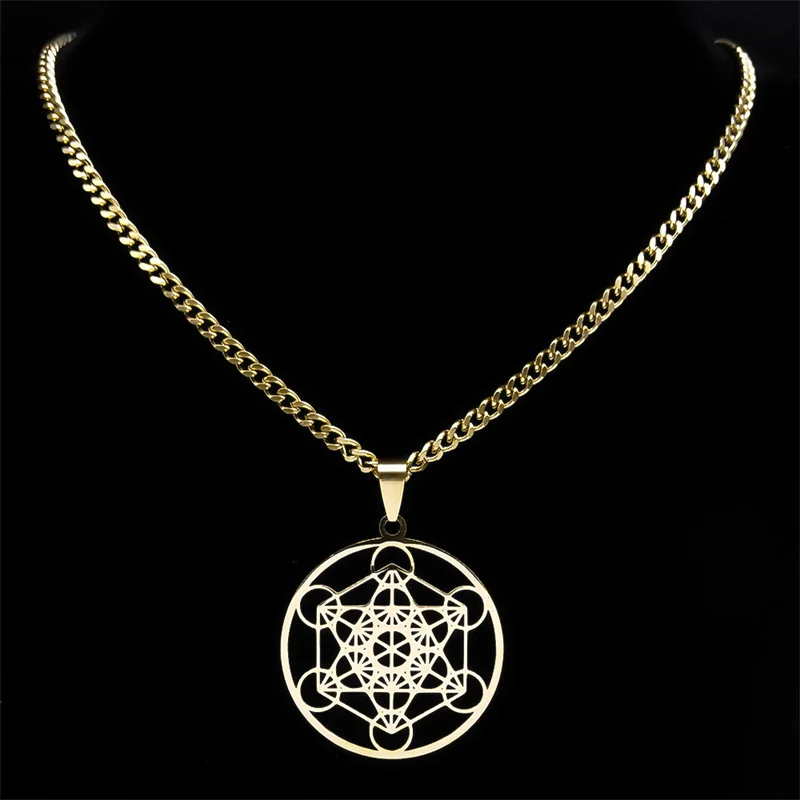 Heilige Geometrie Metatron-Würfel Halskette für Frauen Männer Edelstahl Goldfarben Kraftvolles Amulett Chakra Spiritueller Schmuck Geschenke – Detail 5