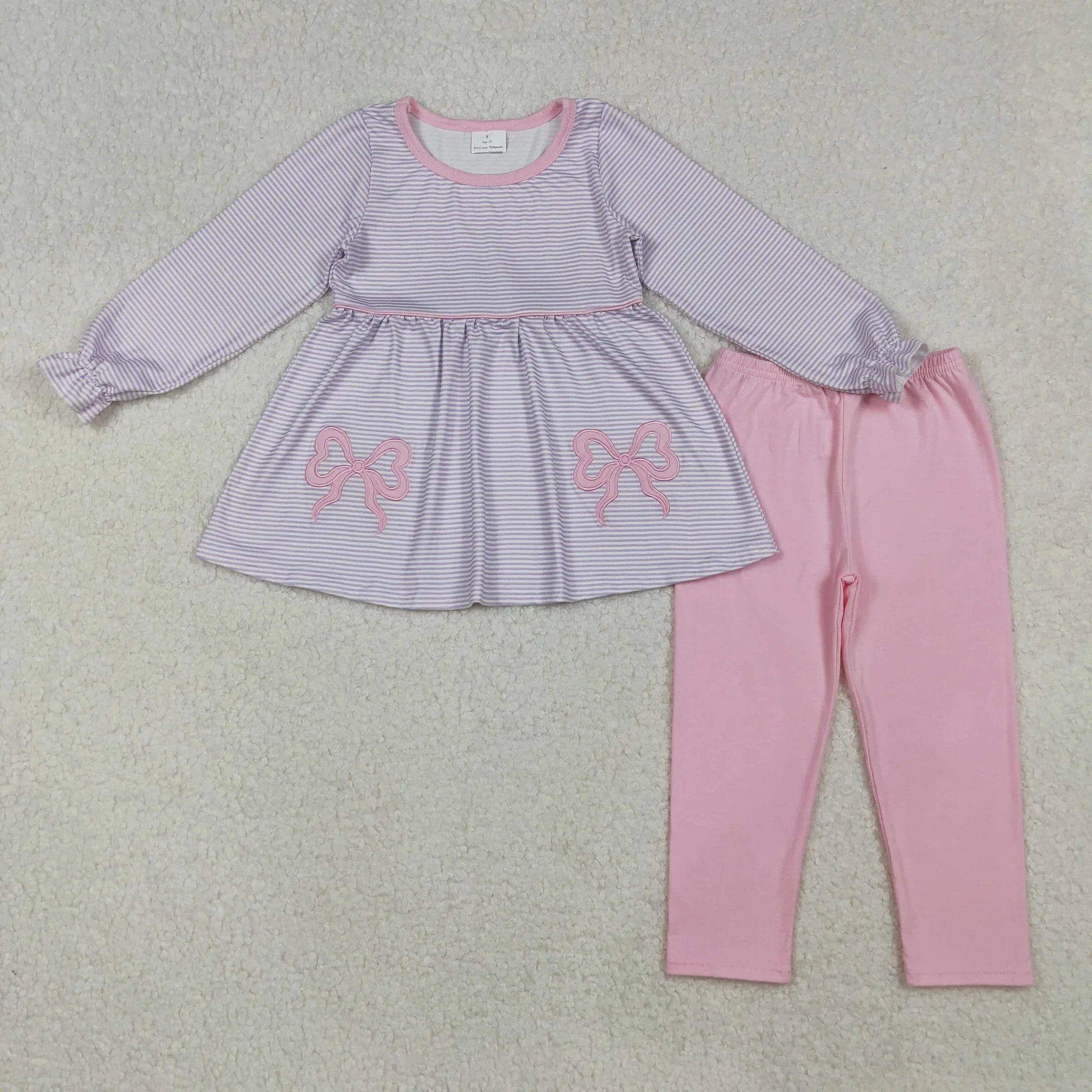 

Wholesale Infant Long Sleeves Clothes Embroidery Bows Stripes Tunic Baby Girl Outfit Toddler Cotton Leggings Children Kids Set