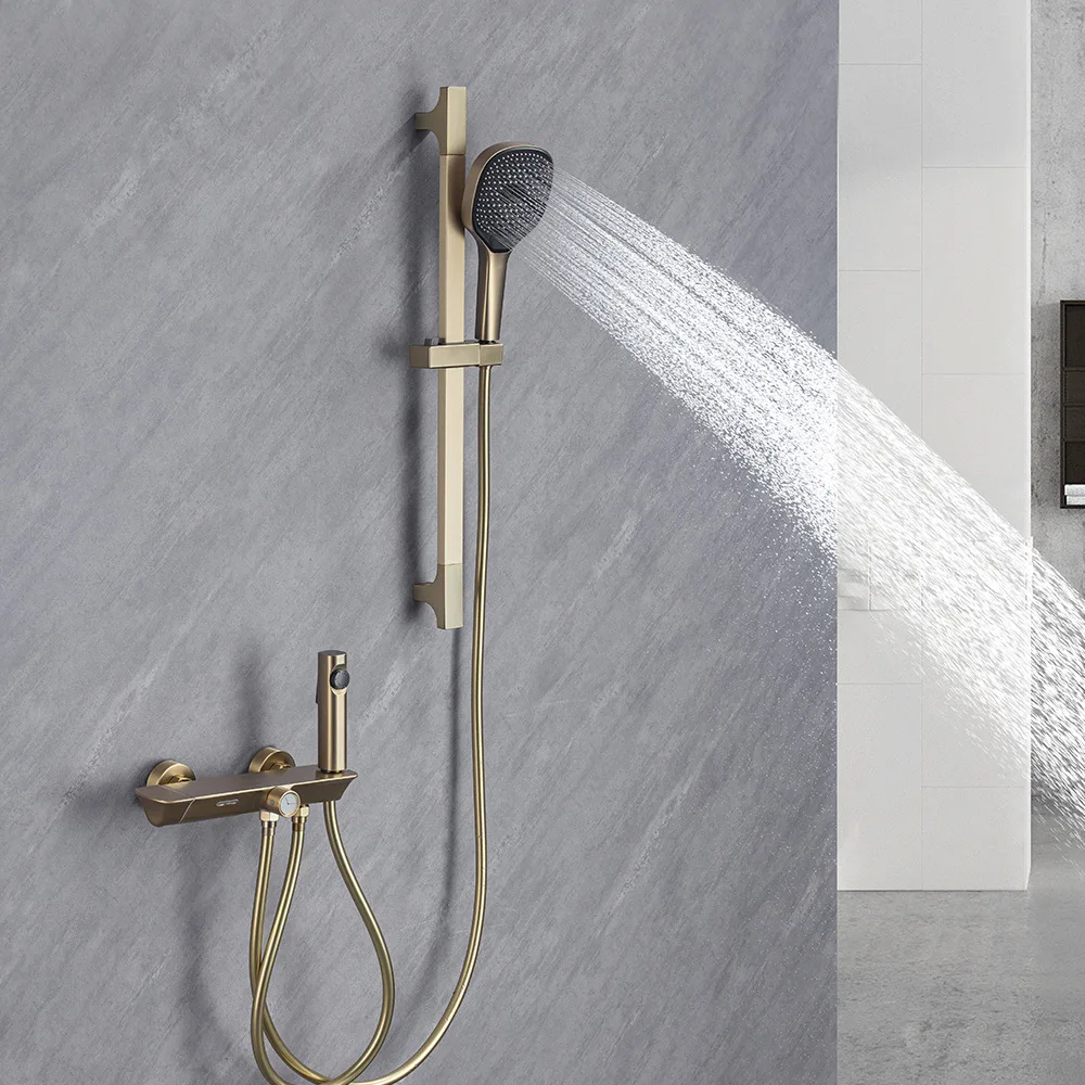 

Tuqiu Brushed Gold Bathtub Shower Set Wall Mounted Thermostatic Shower Faucet Gray Bathroom Waterfall Bath & Shower Faucet Brass