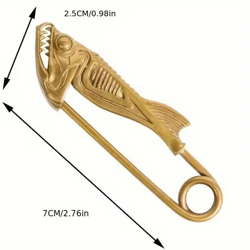 Retro Brass Piranha Shape Brooch Fish Head Pin Animal Series Pendant Key Chain Bag Hanging Exquisite Handmade Accessories