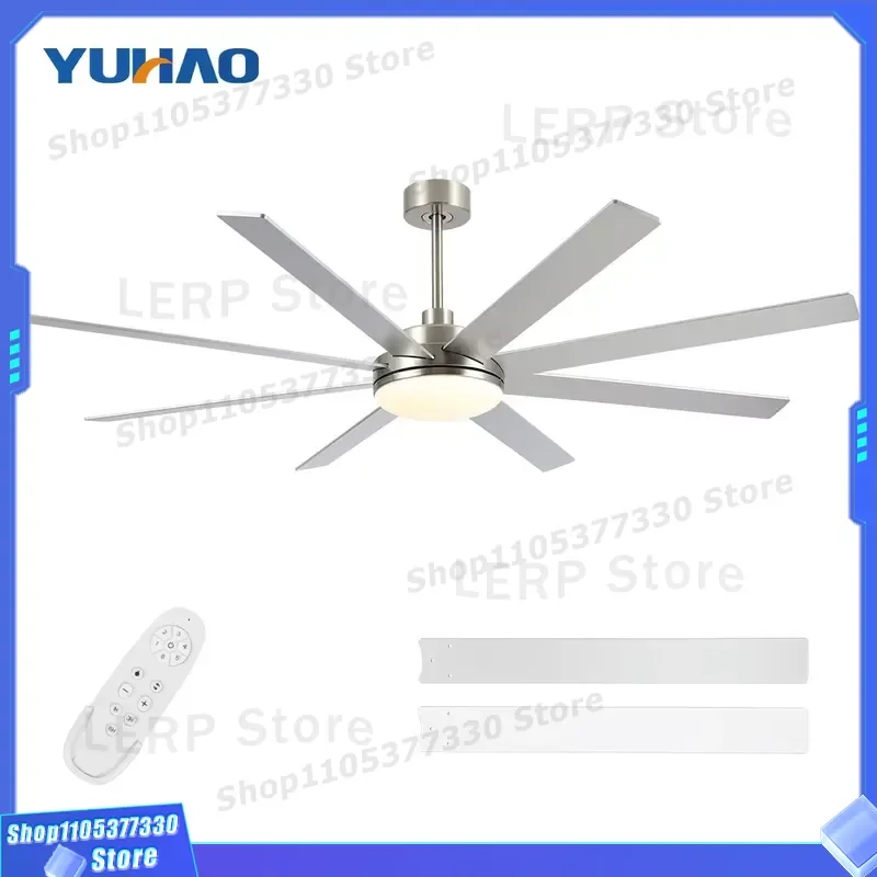 72 Inch Satin Nickel Ceiling Fan Chandelier 8 Blade Straight Design for Living Room Lobby Home Decor with Remote Control