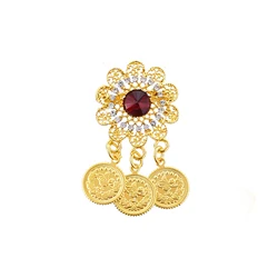 Golden Red Large Crystal Flower Coins Tassel Brooch for Women Fashion Ethnic Bride Wedding Pin Brooches Jewelry Accessories