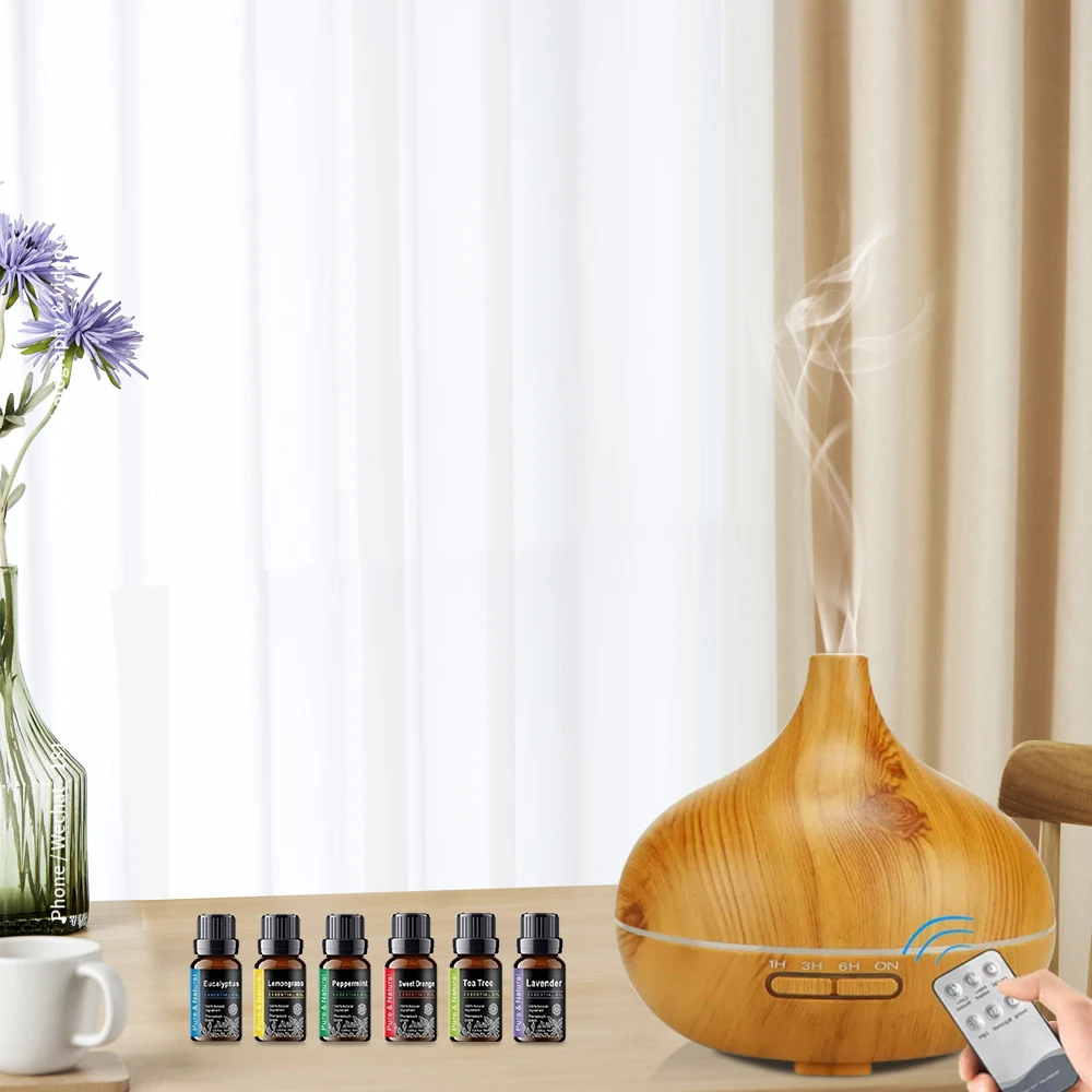 

550ml Aroma Diffuser with Remote Control Wood Grain Timer, Cool Mist Humidifier for Large Room with 6 Oil Set