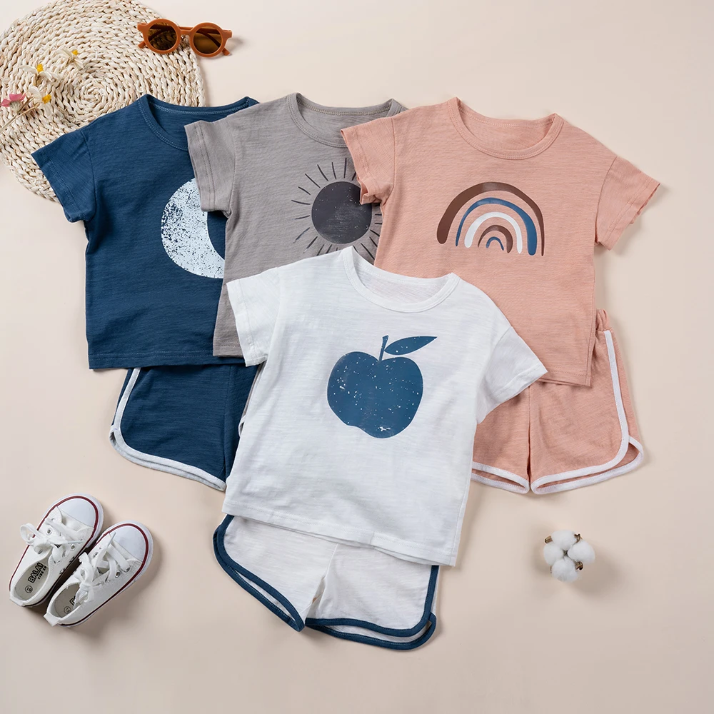 Cotton Kids Suit For Boys Girls Casual Short Sleeve T-Shirt Top+ Shorts Pant 2Pcs Print  Outfit Set 0-5Years 2023 Summer New