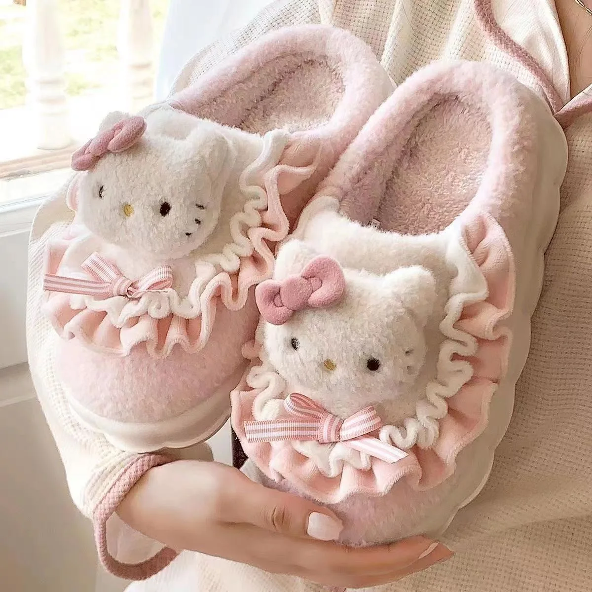 Miniso Hellokitty Cartoon Cute Slippers Women'S Autumn Winter Home Anti Slip Cinnamoroll Student Plush Cotton Shoes Thickened