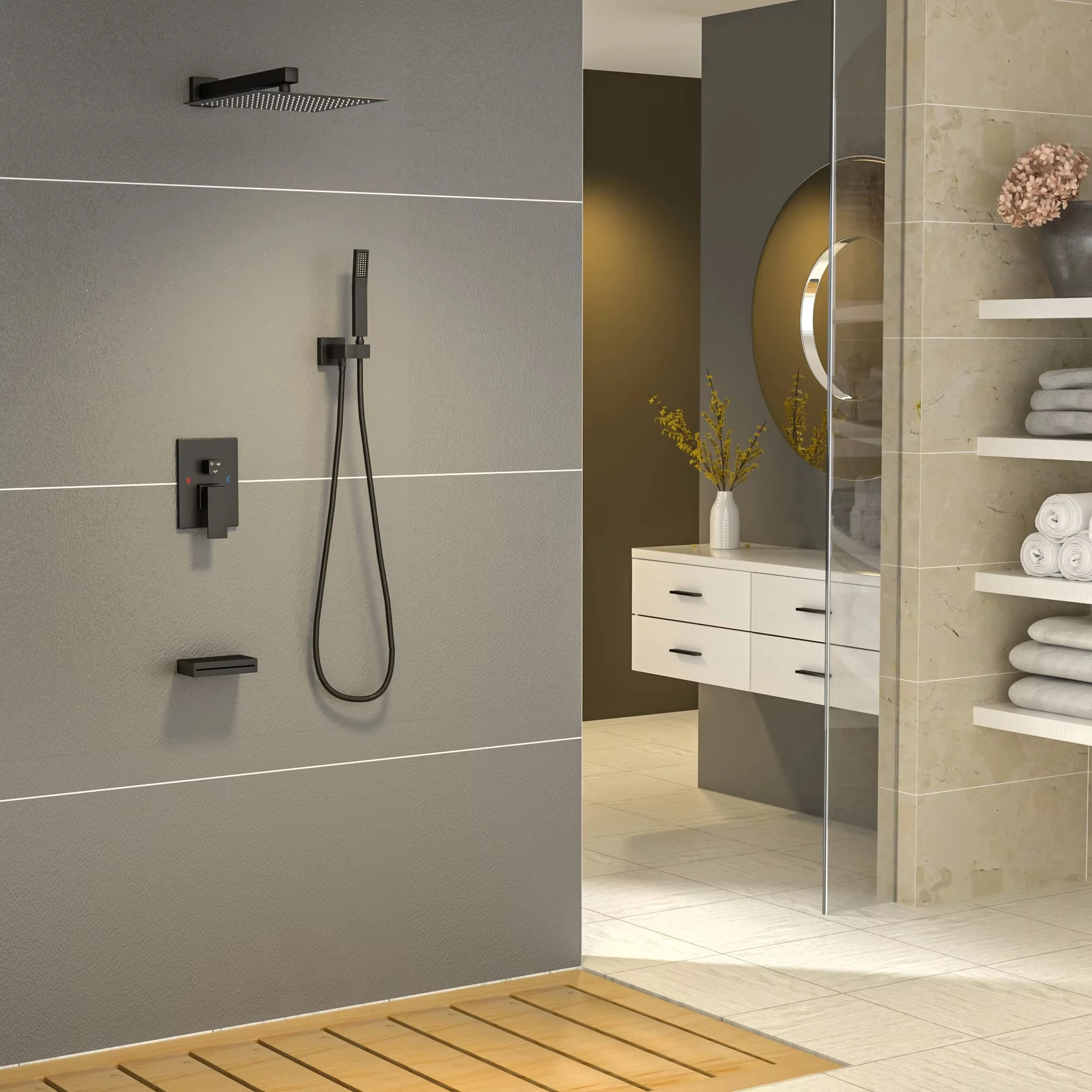 ชุดฝักบัวเรนชาวเวอร์แบบติดผนังทรงสี่เหลี่ยม ผลิตจากทองแดงแท้ สีดำ มาตรฐาน CUPC พร้อมระบบควบคุมอุณหภูมิคงที่ 3 ฟังก์ชั่น