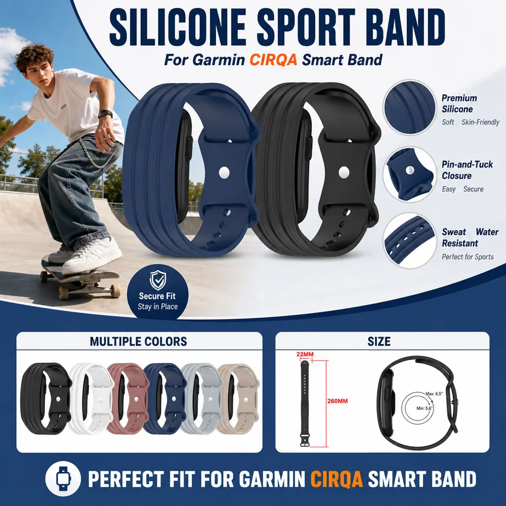 Silikonband für Garmin CIRQA Smart Band, Figur-8-Nagelverschluss, wasserdicht, langlebiges Ersatz-Armband für Garmin CIRQA