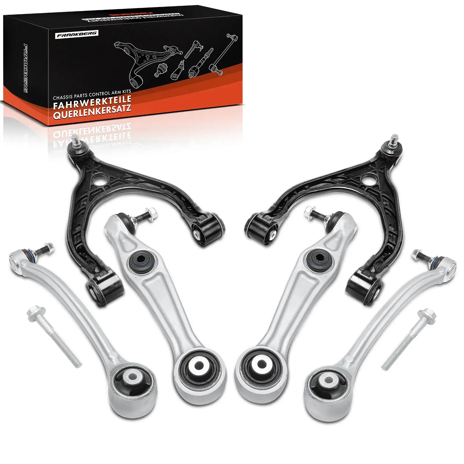 Frankberg 6-delige draagarmset vooras links boven rechts voor Tesla Model X 5YJX Bj vanaf 2015 1041575-00-B 1027351-00-C