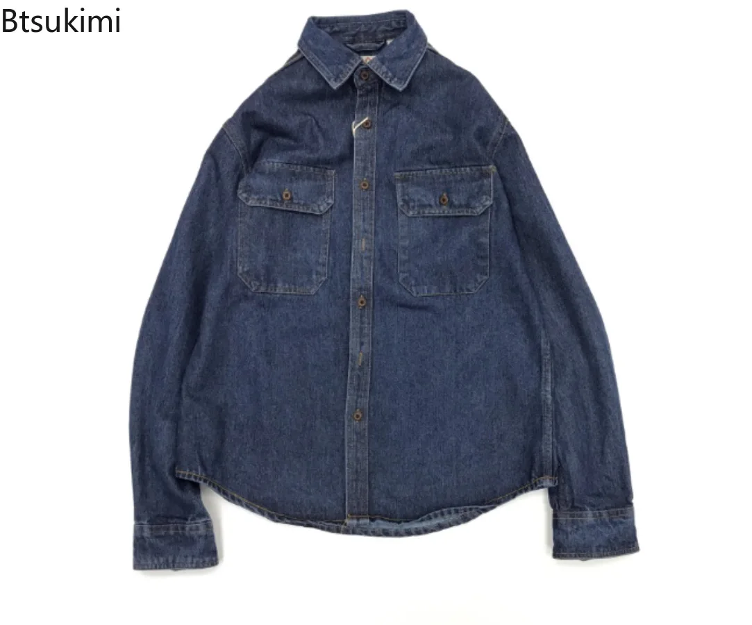 Autumn Men's Fashion Denim Workwear Shirt Retro Long Sleeve Lapel Loose Casual Plus Size Shirt Jacket Male Motorcycle Clothing