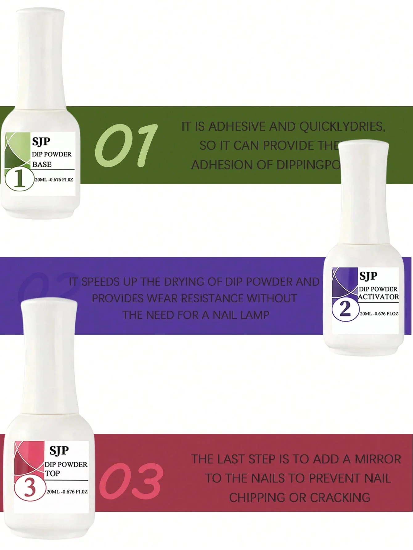 Ensemble de poudre de gel 1/3 pièces 20ml, y compris couche de base, couche de finition, activateur, matériaux essentiels en étapes 1-3, ensemble de manucure