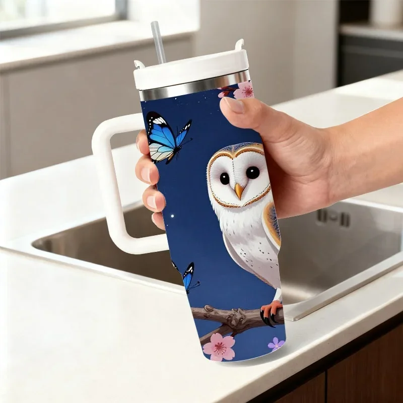 40oz Stainless Steel Insulated Tumbler, Digital Print Design with Night Scene Barn Owl, Butterflies & Cherry Blossoms, Reusable Cold & Hot Drink Cup for Daily Outdoor & Office Use