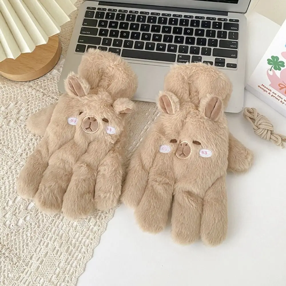 Soft Cute Capybara Scarf Gloves Set Warm Thicken Plush Capibara Flip Gloves Windproof Fur Winter Kapibara Mitten Skiing