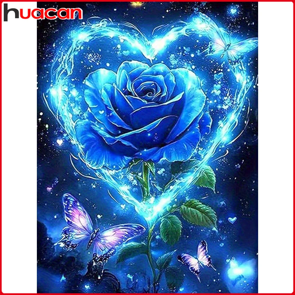 Huacan Vollquadrat Rundes Diamantgemälde Blaue Rose Schmetterling Diamant Stickerei Filower Komplettset Heimdekoration