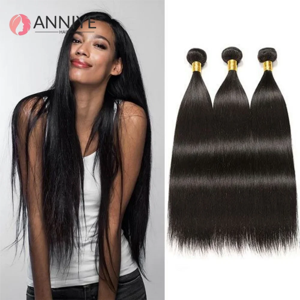 

ANNIYE Hair 12A Straight 100% Human Hair Bundles 1/3/4 Pieces Natural Color For Black Women Remy Hair Human Hair Extensions