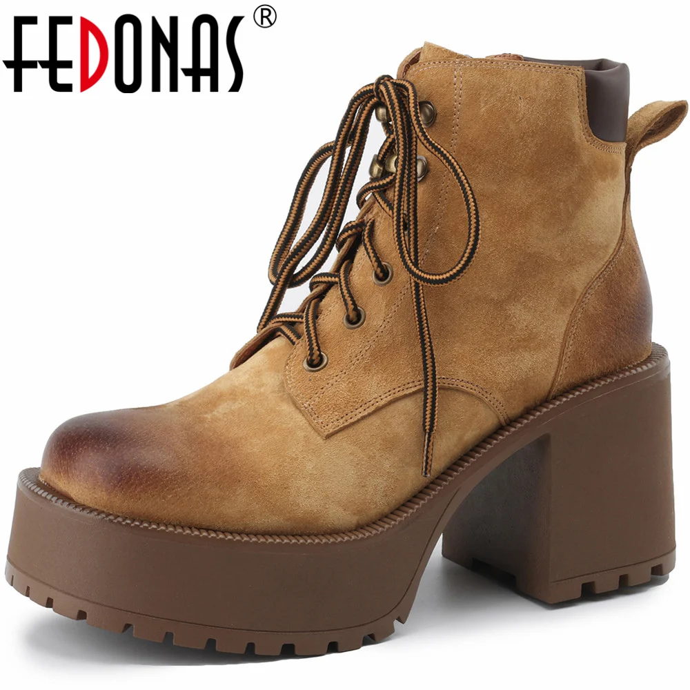 

FEDONAS Retro Women Ankle Boots Thick High Heels Platforms Genuine Leather Shoes Woman Casual Working Leisure Auutmn Winter 2024