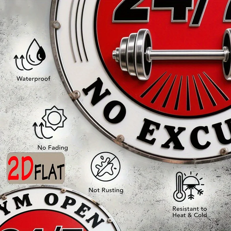 Aluminum 24/7 Gym Sign 7.87x7.87 Inch Round Outdoor Decor Dumbbell Fitness Logo