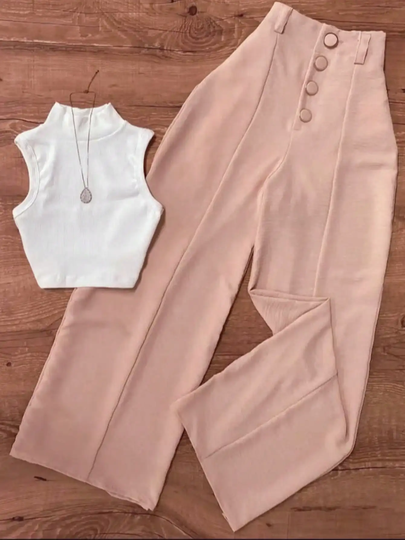Women's White Turtleneck Sleeveless Bodysuit & Pink High-Waist Straight Leg Pants Set, Spring Summer Office Garden