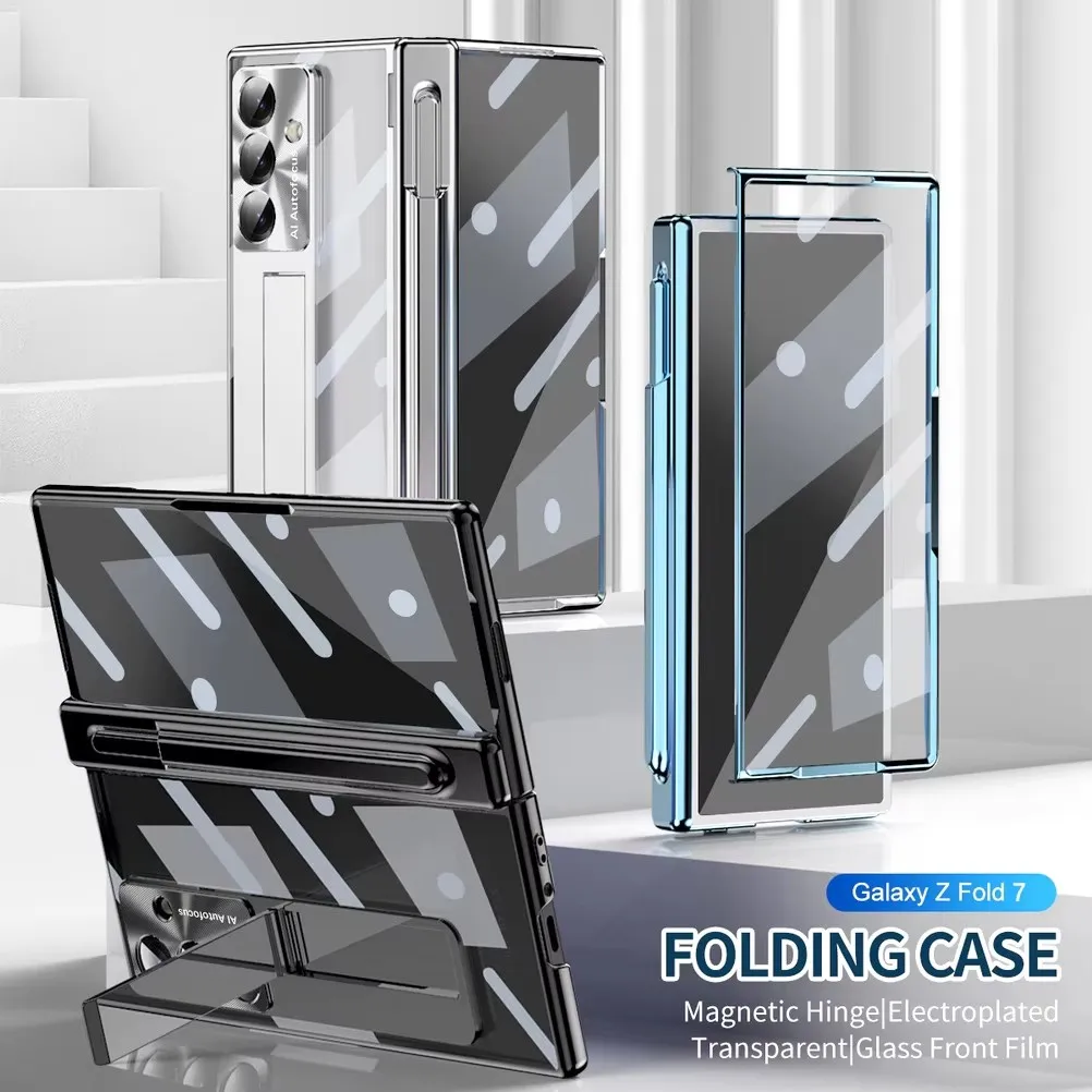 Phone case With Touch Pen For Samsung Galaxy Z Fold 7 6 5 4 3 Case Magnetic Hinge Pen Slot Holder Clear Plating PC Front Glass