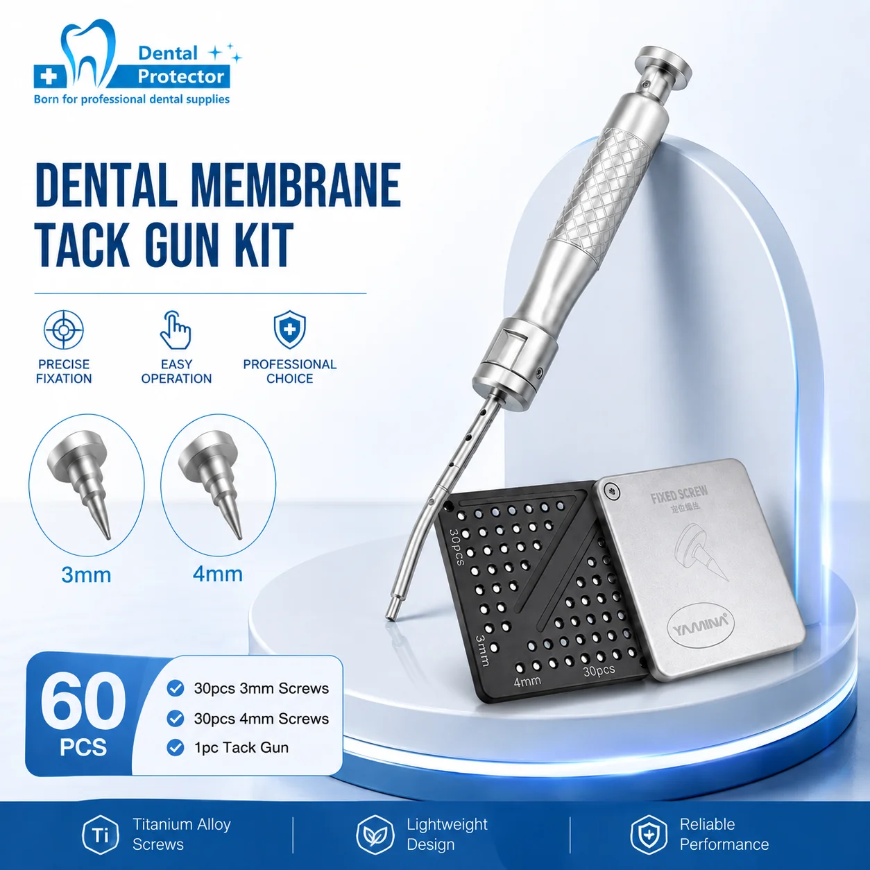Dental Membrane Tack Gun Kit 60Pcs Titanium Fixing Screws 3mm 4mm Membrane Fixation Tool Dental Implant Membrane Tacker Gun