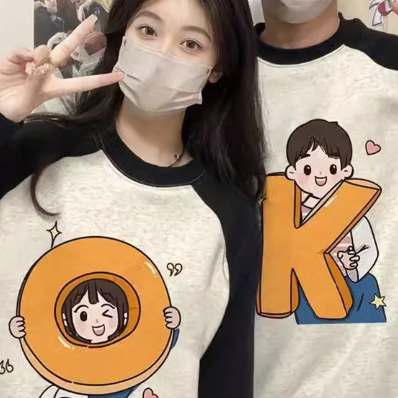 Lovely Chic Y2k Couple Sweatshirts Women Loose Cartoon Design Ulzzang Vintage Students Harajuku Panelled  O-neck Personality