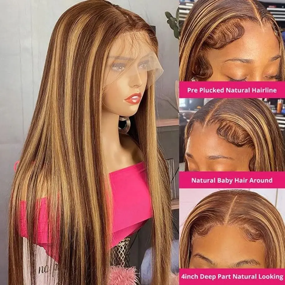 Highlight Ombre Bone Straight 13x4 HD Transparent Lace Front Wigs Human Hair Wig 4/27 Brown Colored Lace Closure Wig For Women