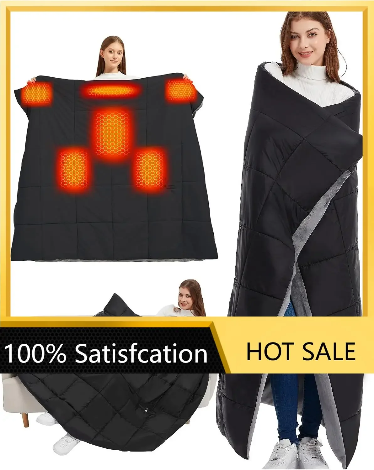 20000mAh Large Heated Blanket Battery Powered, 7.4V Battery Portable Cordless Throw Electric Rechargeable Heating Blankets (Blac