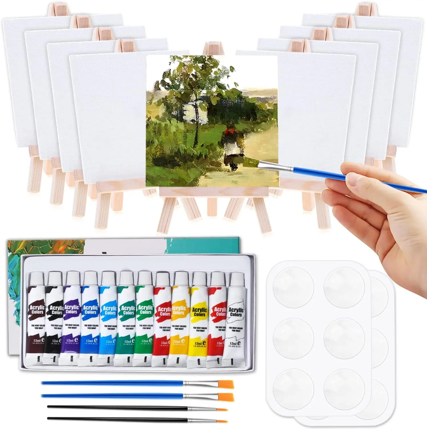 Mini Canvas Painting Set with Easels, Acrylic Paints, Brushes & Palettes - 47 Pieces for Art Party, Sip and Paint Night