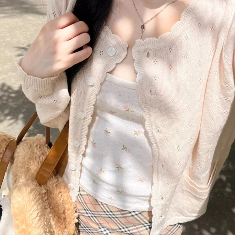 Pockets Women Cardigan Button Sweet Slim Hollow Out Spring Tender Temper Korean Style Long Sleeve Fashion Y2k Aesthetic Fairy