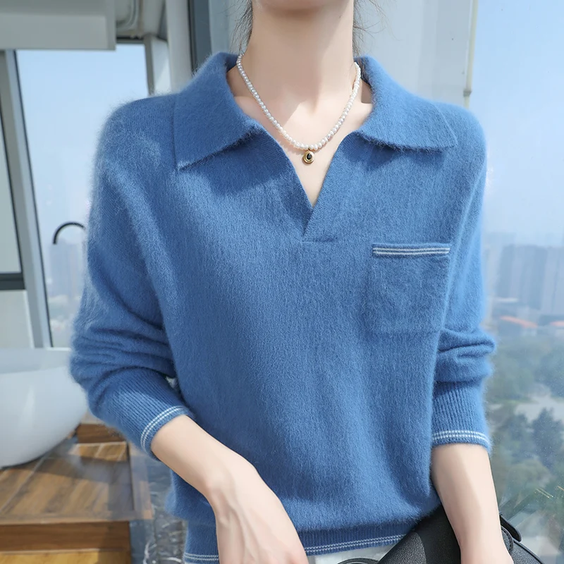 Fashion Polo-Neck Knitted Pullovers Women\'s Mink Wool Sweater Clothing Autumn Winter Elegant Simplicity Solid Small V-neck Tops