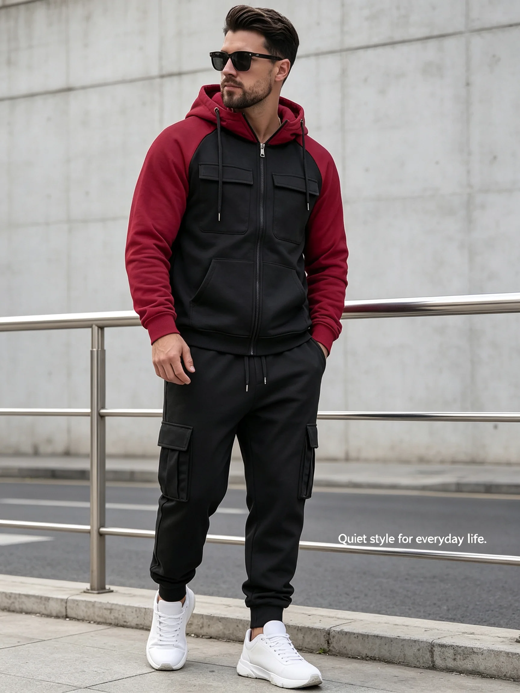 Men 2 Piece Sets Zip Hoodie Tracksuit, Tactical Streetwear Long Sleeve Hooded Sweatshirt Baggy Jogger Pants, Premium Men Outfit