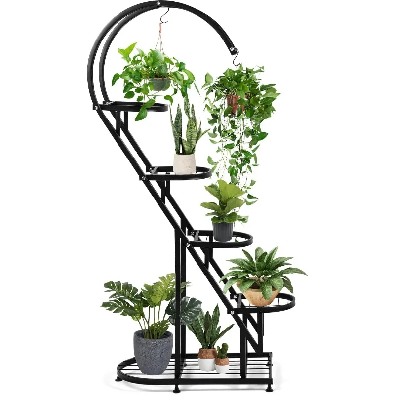 Plant Stand Indoor 5 Tier Metal Plant Shelf, Adjustable Heart Shape Tall Plant Stand with Rack, Black Outdoor Shelf Rack