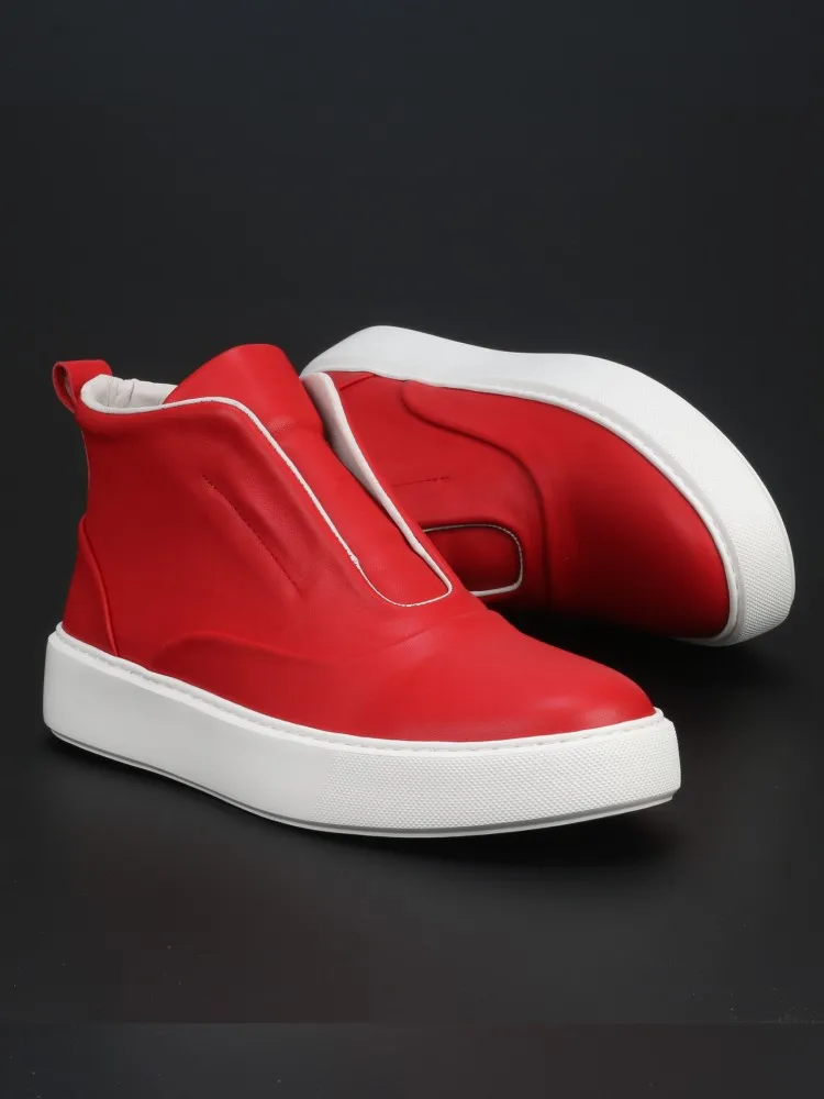 Mens High Top Thick Platform Cowhide Genuine Leather Skateboard Shoes Slip On Loafers Casual Ankle Boots Joggers Sneakers Shoes