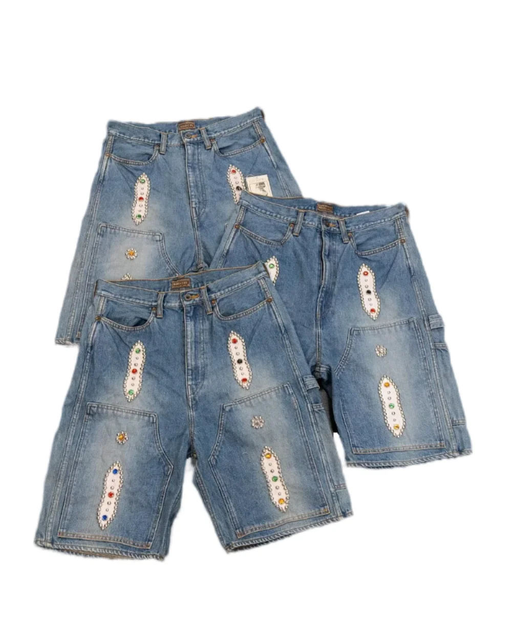 New Blue-dyed Retro Old Rivets Inlaid with Gemstone Denim Shorts Summer Casual Loose Y2k Denim Five-point Pants