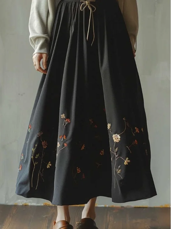 Falda Larga de Estilo Retro con Bordado, Corte en A, Cintura Alta Elástica, Tendencia de Moda Primavera 2025 para Mujer