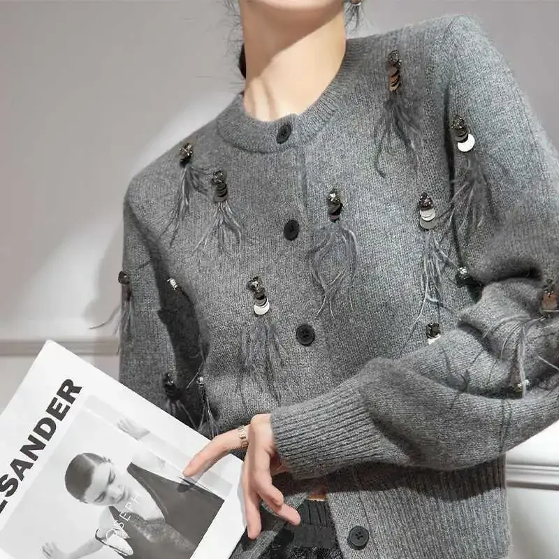 Heavy Sequins Diamond Feathers Cardigan Black Grey Y2k Top Winter Clothes Women Outwear Knitted Sweaters Pull Femme 2024