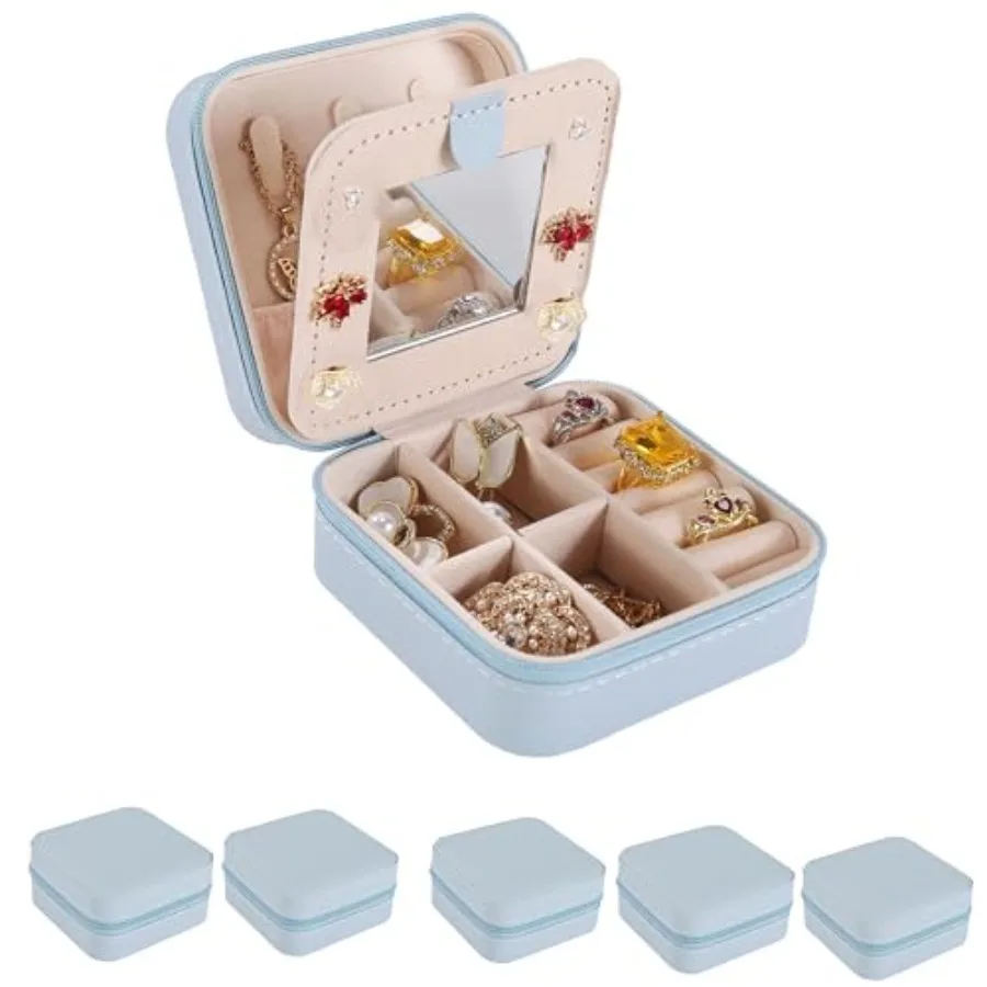 

Дорожный футляр для драгоценностей Дорожная шкатулка для драгоценностей Дорожный органайзер для ювелирных изделий Маленькая шкатулка-органайзер для ювелирных изделий для девочек и женщин с зеркалом Sky blu