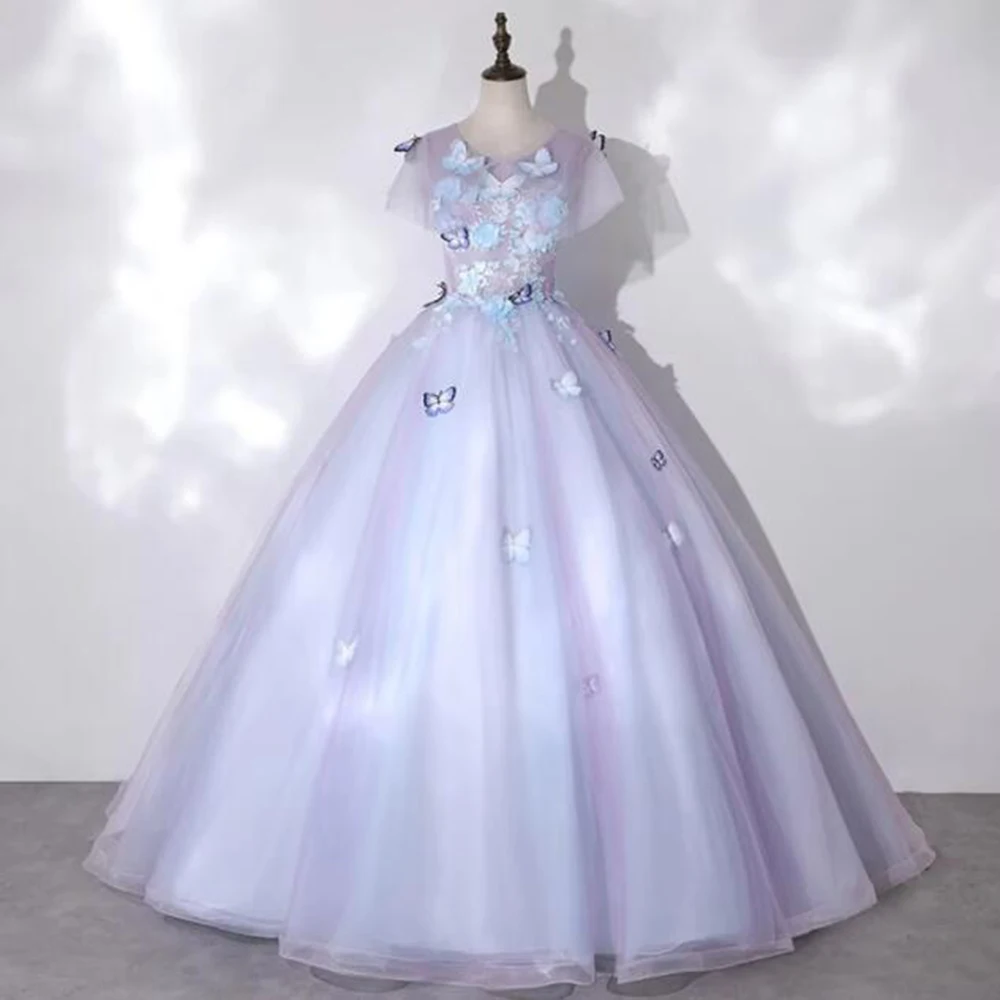 Pretty Purple Evening Dresses Floor Length Short Sleeves Butterflies Fairy Sweet Princess High Quality Women Banquet Prom Gowns