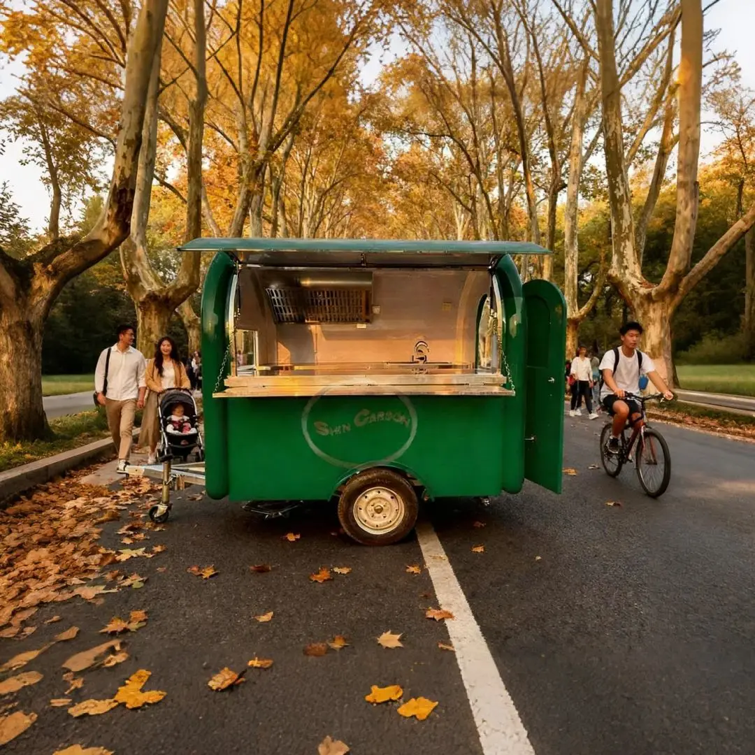 

Outdoor Food Trailer Green Oversized Selling Window Compact Layout Clear Functional Areas