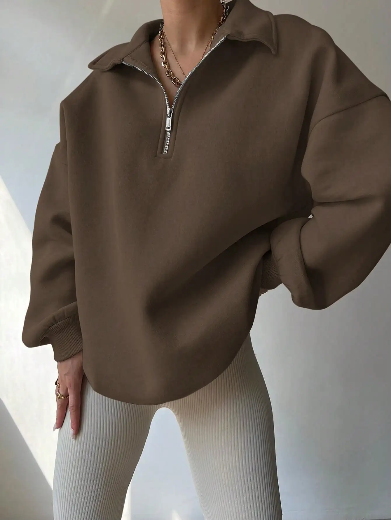 

Women's Oversized Half-Zip Pullover with Drop Shoulder, Solid Color Casual Sweatshirt