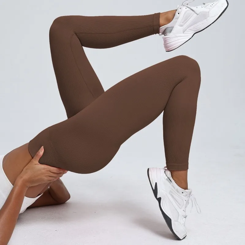 Women Seamless High Waist Ribbed Fitness Leggings High Elastic Yoga Long Pants Gym Workout Run Daily Athletic Training Bottoms