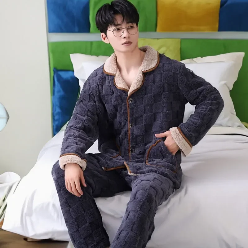 Men Winter Thickened Coral Fleece Pajamas Trousers Long Sleeve Plaid Jacquard Cardigan 2PCS Set Warm Leisure Flannel Nightwear