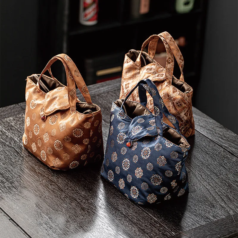 Printed Storage Bag Large Capacity Portable Handbag Tea Cup Pots Storage Organizer Separate Compartment for Outdoor Travel Bag