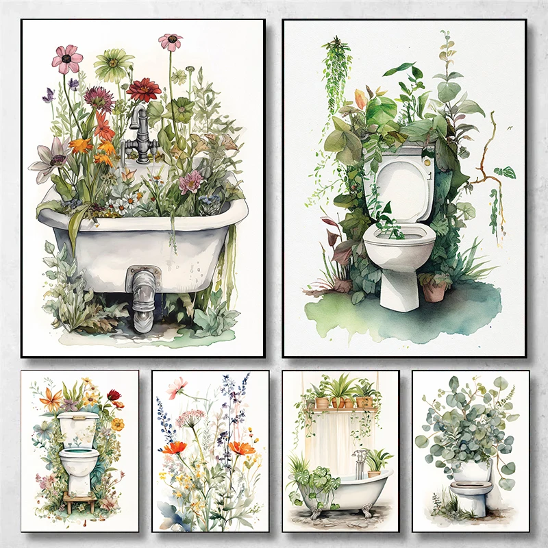 Akwarela Zielona Botaniczna Tropikalna Wanna Kwiatowa Łazienka Plakat Płótno Malarstwo Wall Art Obrazy Dom Toaleta WC Dekoracja Prezent