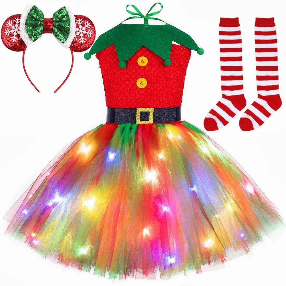 HJTT Elf Costume for Girls LED Light Up Christmas Tutu Dress Red Green Tulle Princess Dress for Kids New Year Xmas Party Outfit