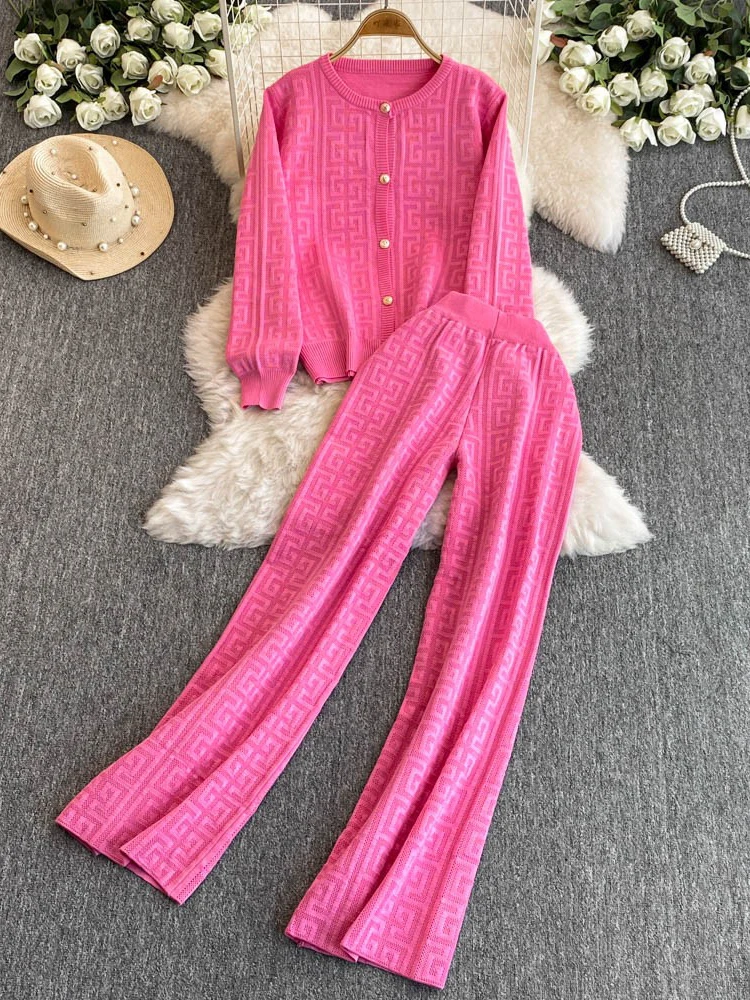 French Vintage Sweater Suits Female Long Sleeve Cardigan+ Elastic Long Pants Fashion Winter Office Lady Knitted Sets