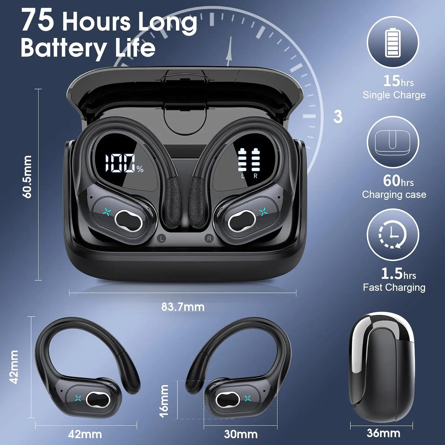 Auriculares HD65 TWS Bluetooth 6.0, auriculares deportivos inalámbricos con pantalla digital LED, sonido estéreo de alta fidelidad y cancelación de ruido, con micrófono HD.