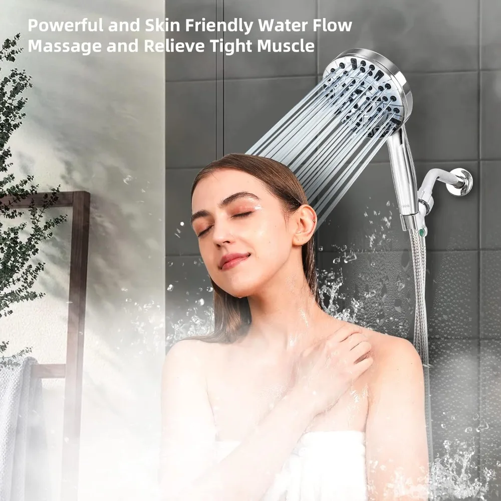 10-Function High Pressure Shower Head with Handheld, Built-in Pause & Power Wash, Non-Clogging Nozzles, Leakproof 6ft Hose & Adjustable Bracket