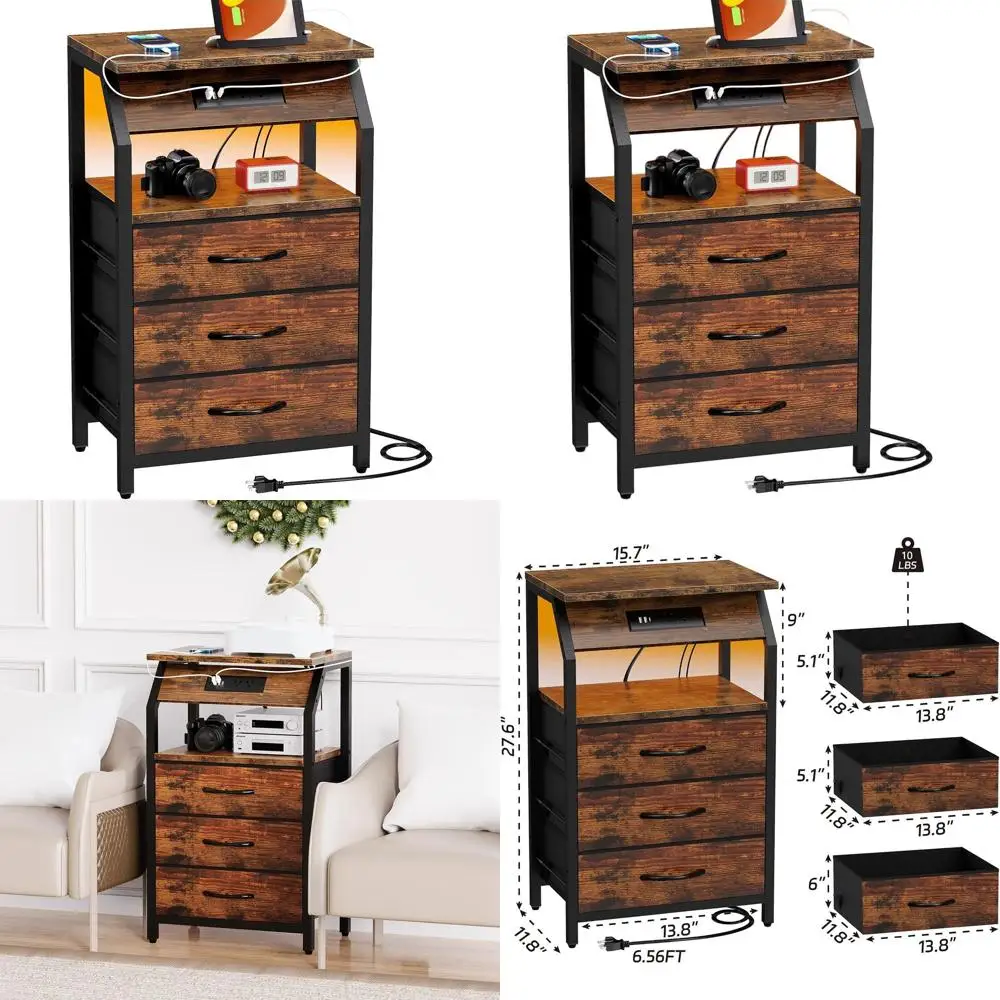 

Rustic Brown 3-Drawer Nightstand with LED Lights and Charging Station for Living Room or Dorm
