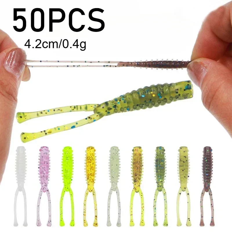 4.2cm/0.4g 50pcs/pack Fishing Lure Double Tailed Soft Bait Micro Biomimetic Root Fishing Bait