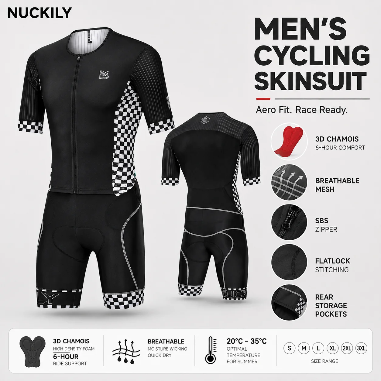 

NUCKILY Men Cycling Skinsuit Short Sleeve One Piece Bike Suit Quick Dry Breathable Padded Road MTB Racing Clothing